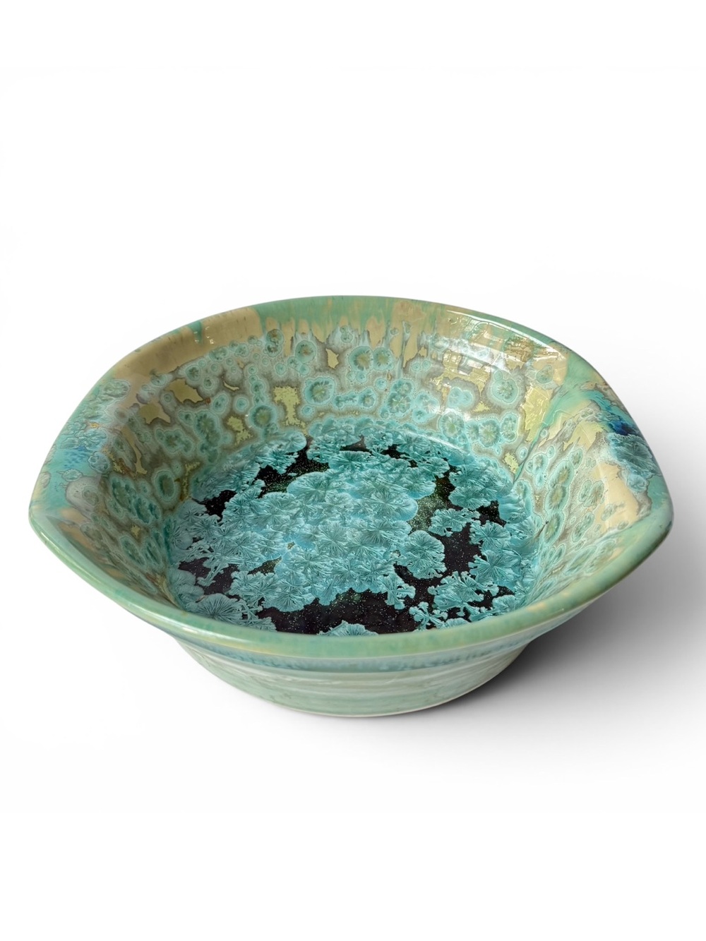 Edgecomb Pottery Maine Aqua Green Yellow Blue Crystalline Glaze Shallow Bowl